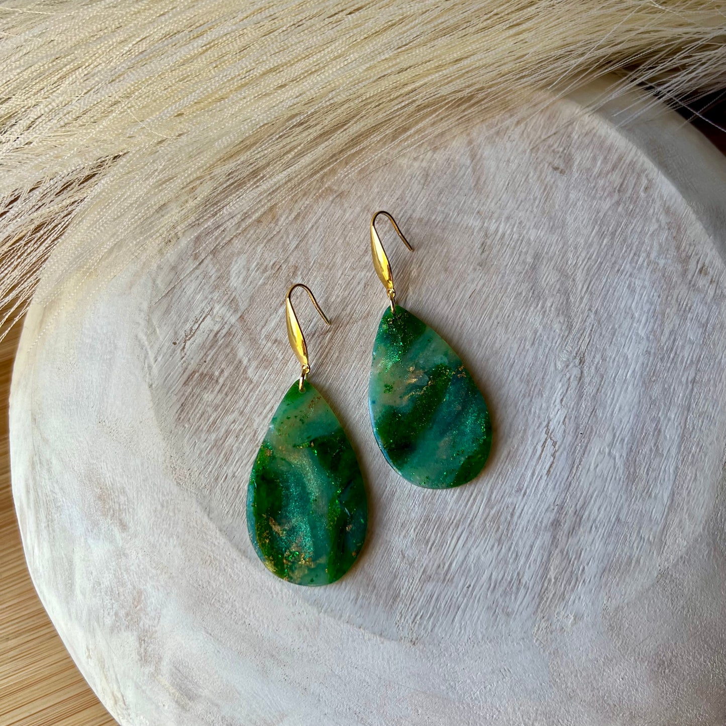 Green Marbled Teardrop Polymer Clay Earrings