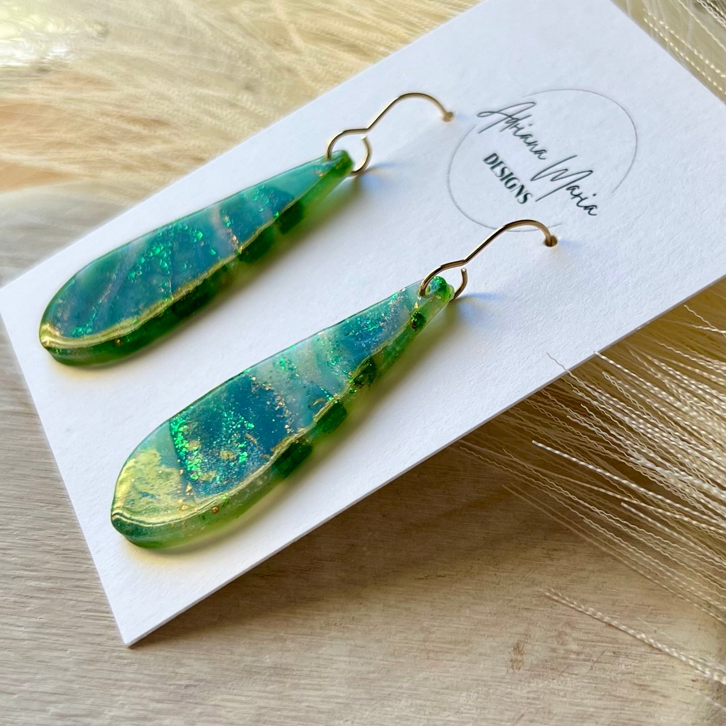 Green Marbled Skinny Teardrop Polymer Clay Earrings