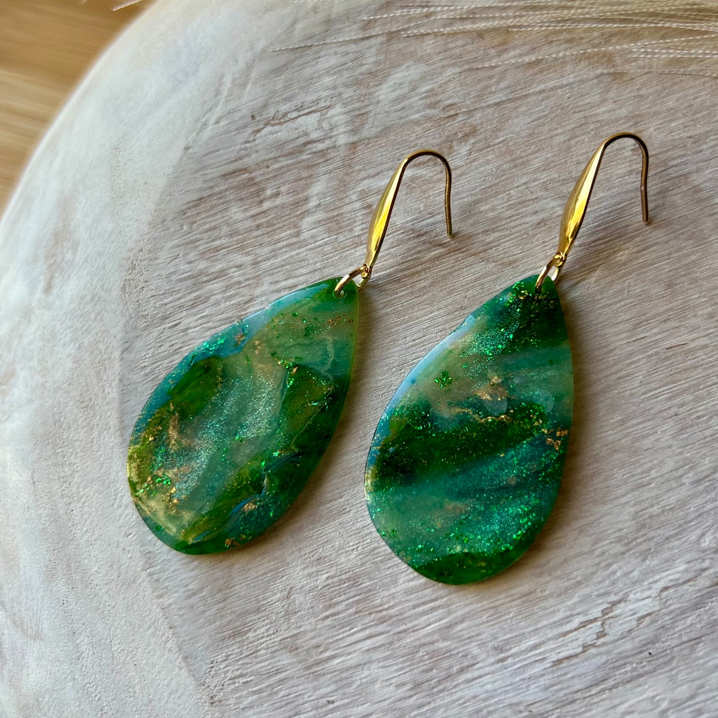 Green Marbled Teardrop Polymer Clay Earrings