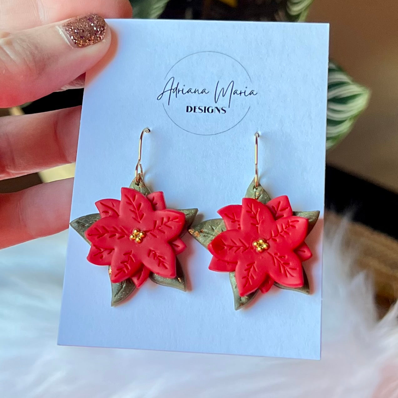 Red Poinsettia Polymer Clay Earrings