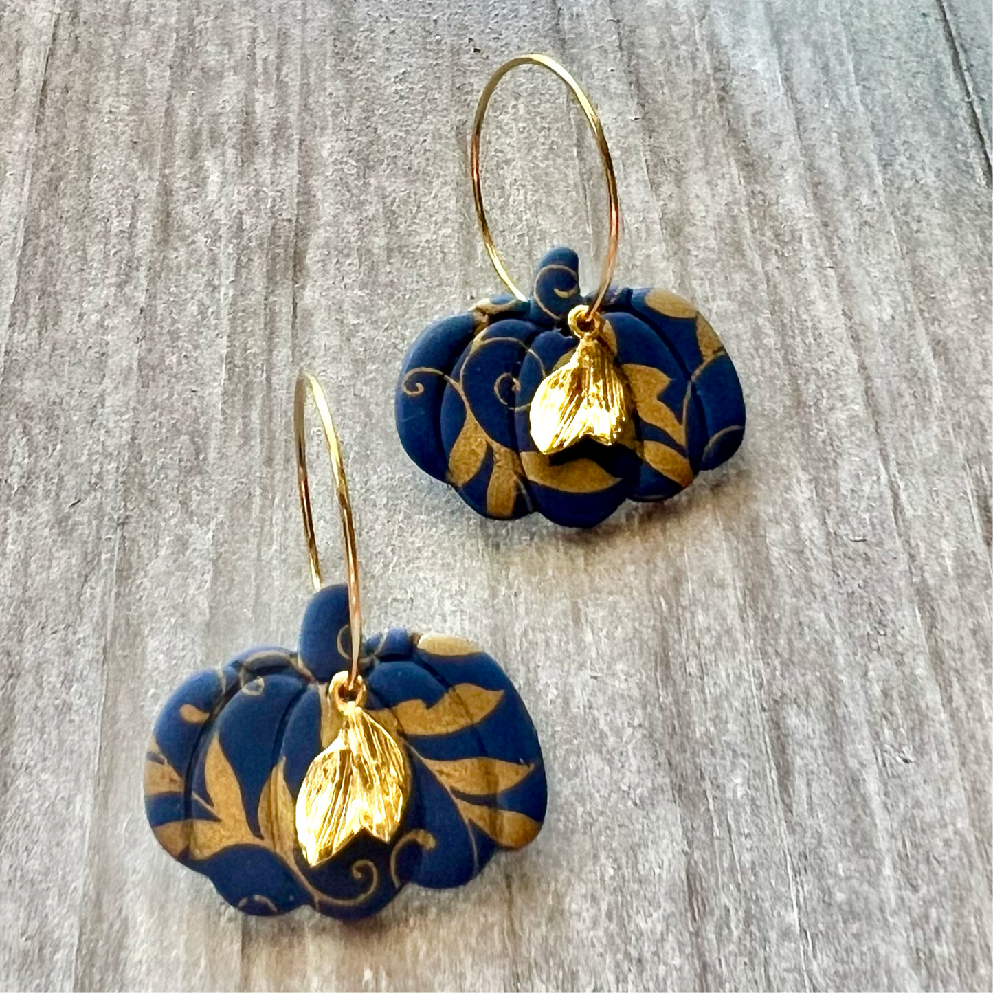 Navy Blue & Gold Floral Pumpkin Clay Hoop Earrings