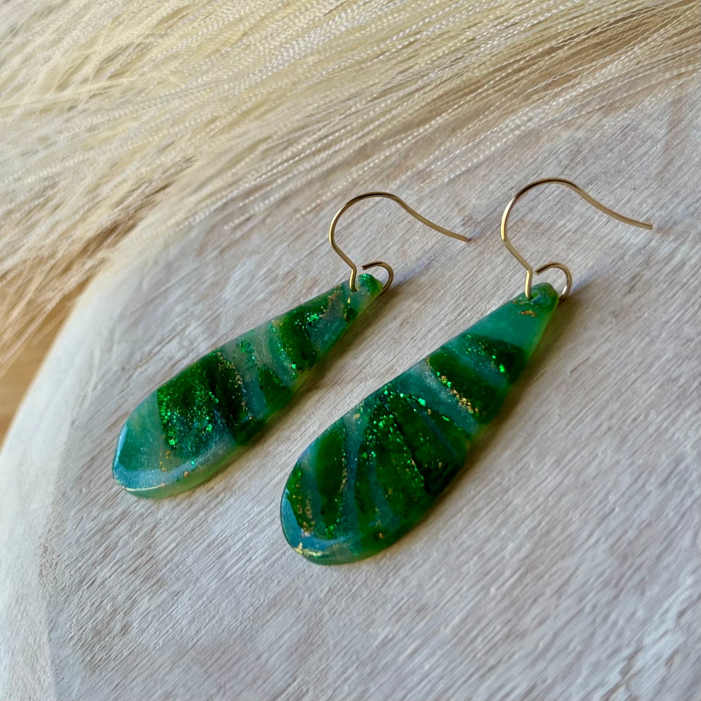 Green Marbled Skinny Teardrop Polymer Clay Earrings