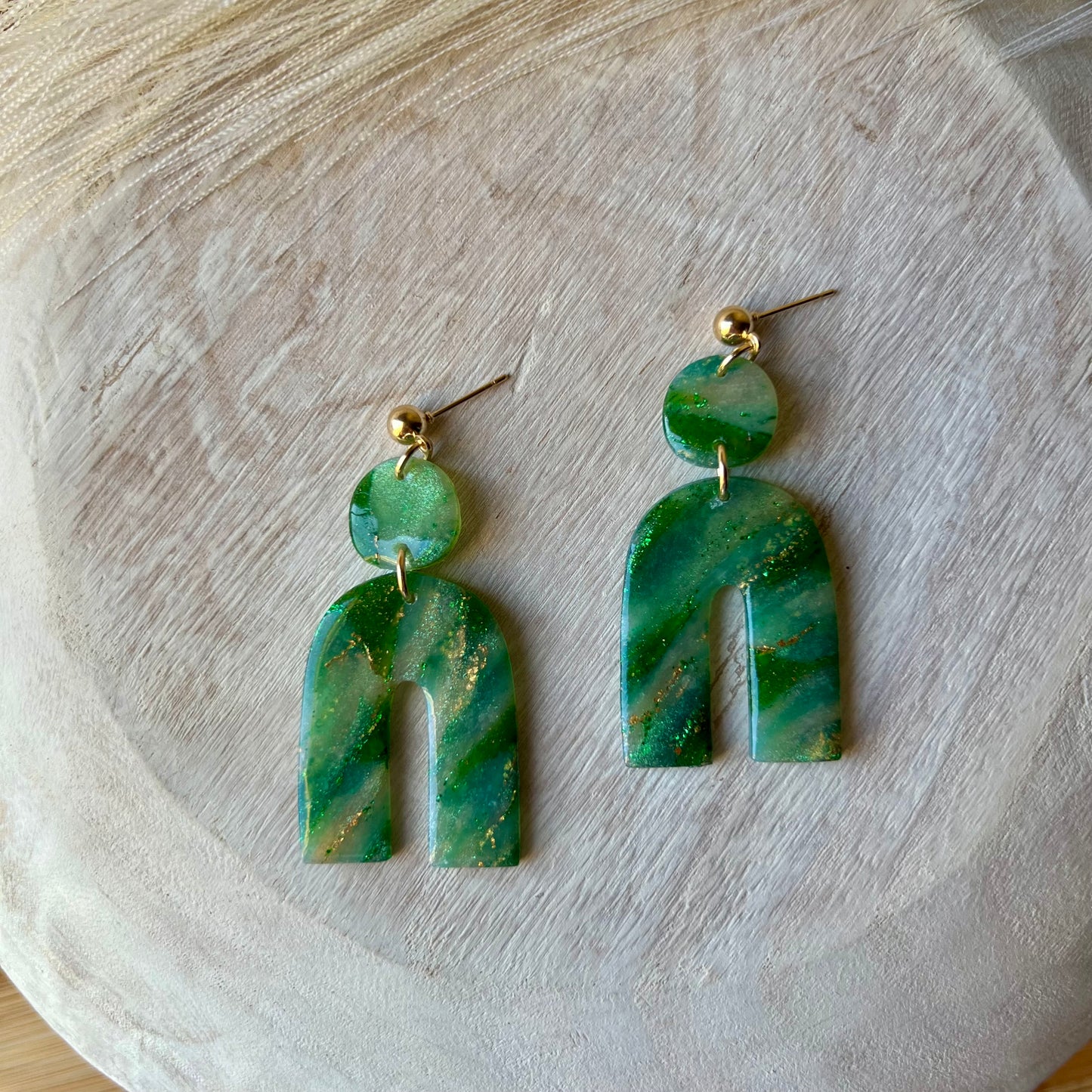 Green Marbled Arch Polymer Clay Earrings