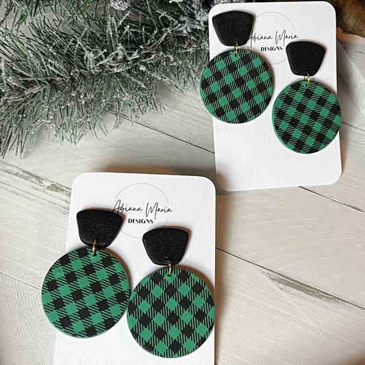 Green & Black Buffalo Plaid Polymer Clay Earrings