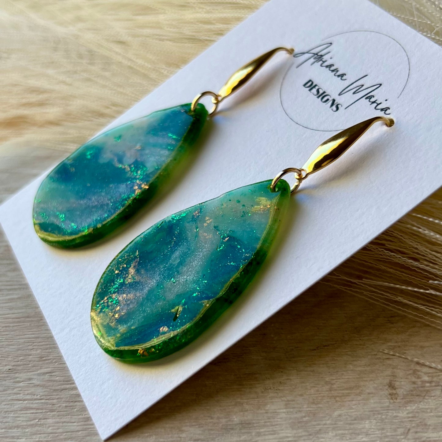 Green Marbled Teardrop Polymer Clay Earrings