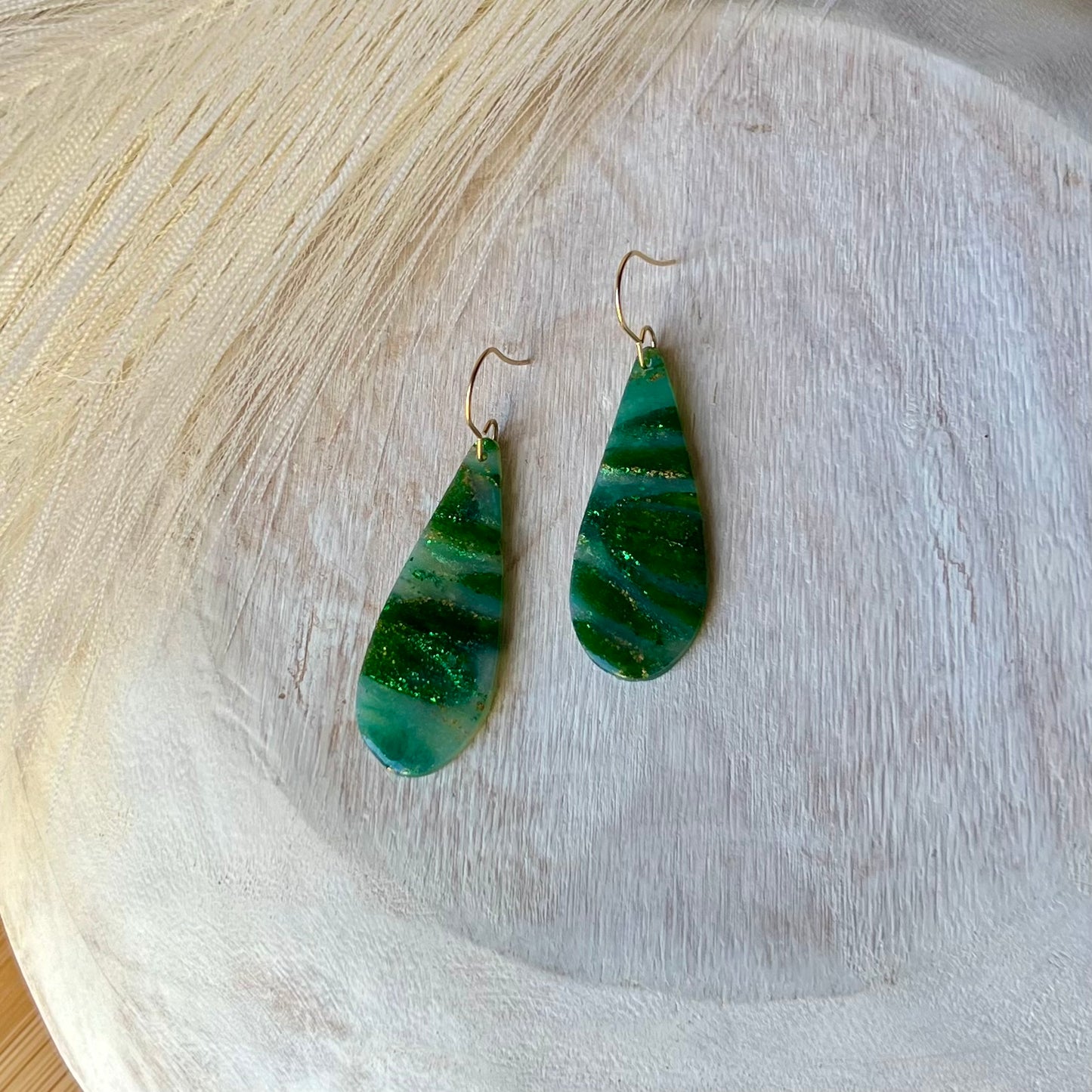 Green Marbled Skinny Teardrop Polymer Clay Earrings