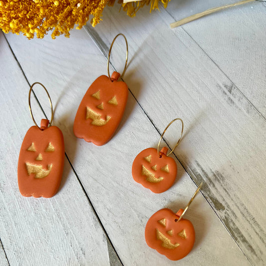 Orange Halloween Jack o’lantern Pumpkin Polymer Clay Hoop Earrings