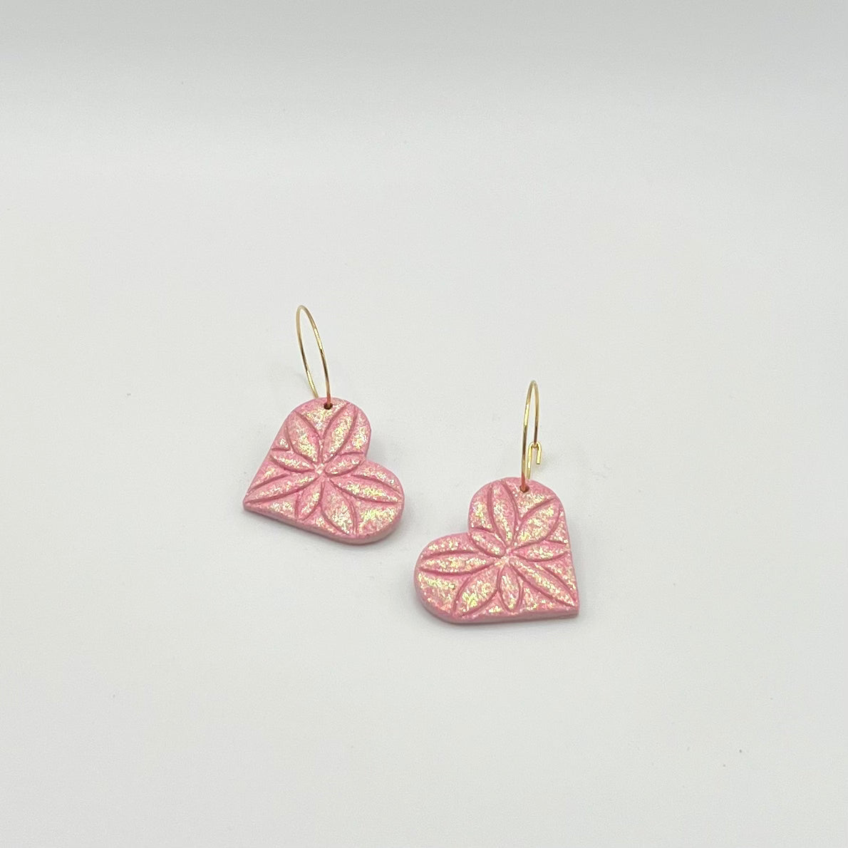 Embossed Pink Holographic Glitter Heart Polymer Clay Hoop Earrings