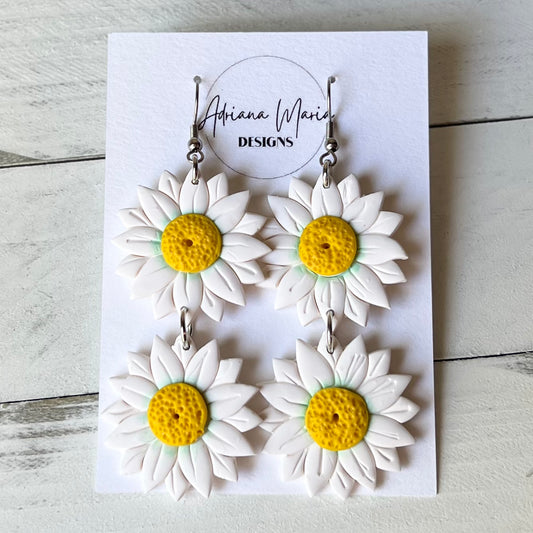 Large Spring White Daisy Polymer Clay Earrings