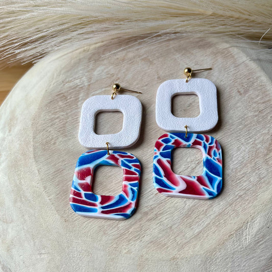 Red, White & Blue Translucent Open Square Polymer Clay Earrings