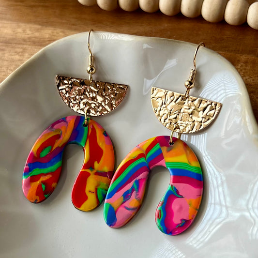 Abstract Rainbow Mokume Gane Organic Arch Earrings