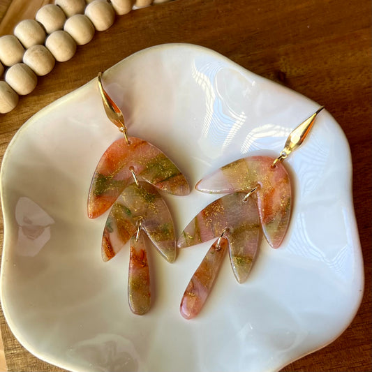 Red, Green, and Gold Marbled Translucent Polymer Clay Earrings