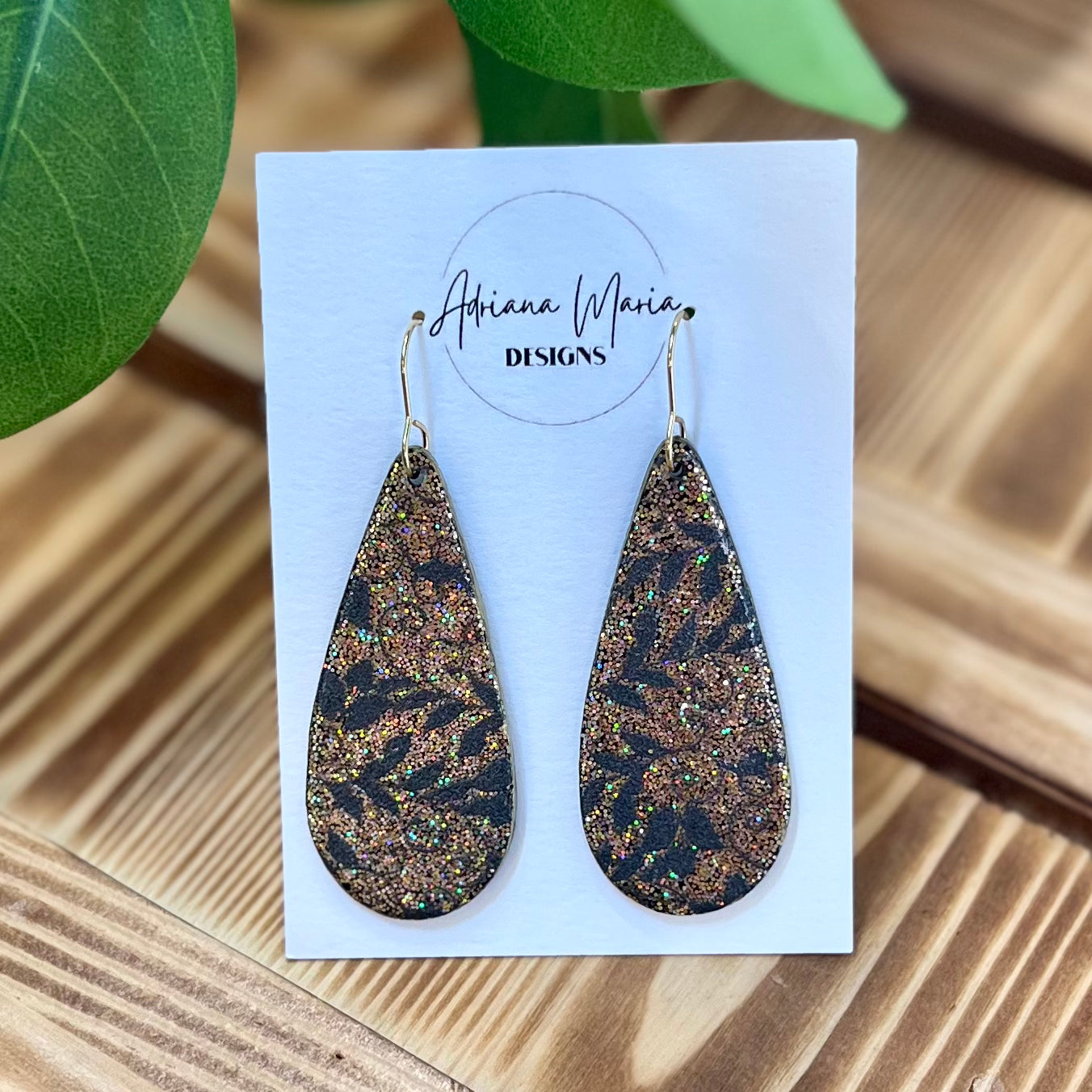 Black & Gold Glitter Floral Teardrop Clay Earrings