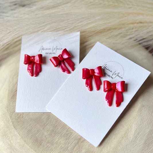 Red Shimmery Bow Polymer Clay Stud Earrings