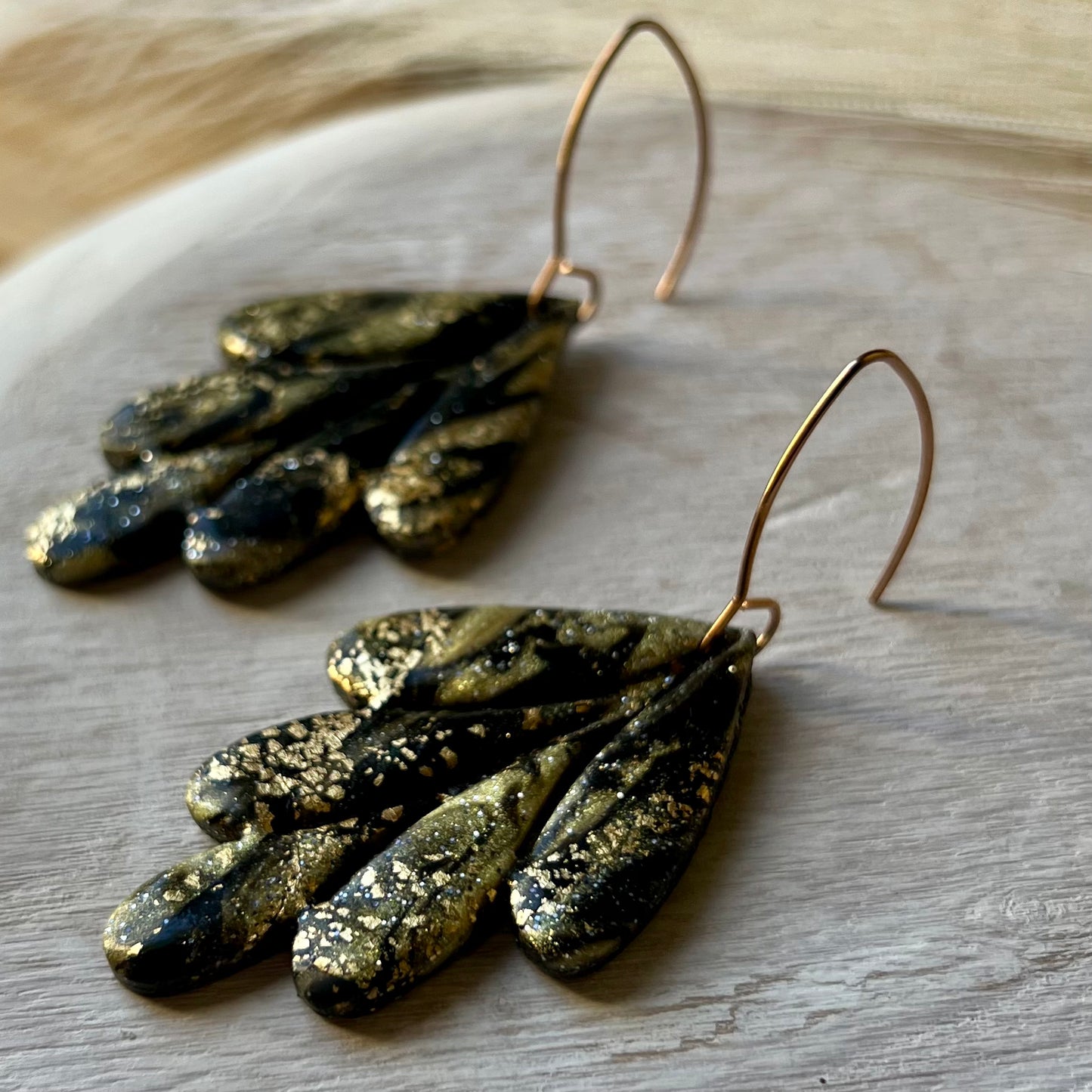 Black & Gold Leaf Polymer Clay Statement Earrings