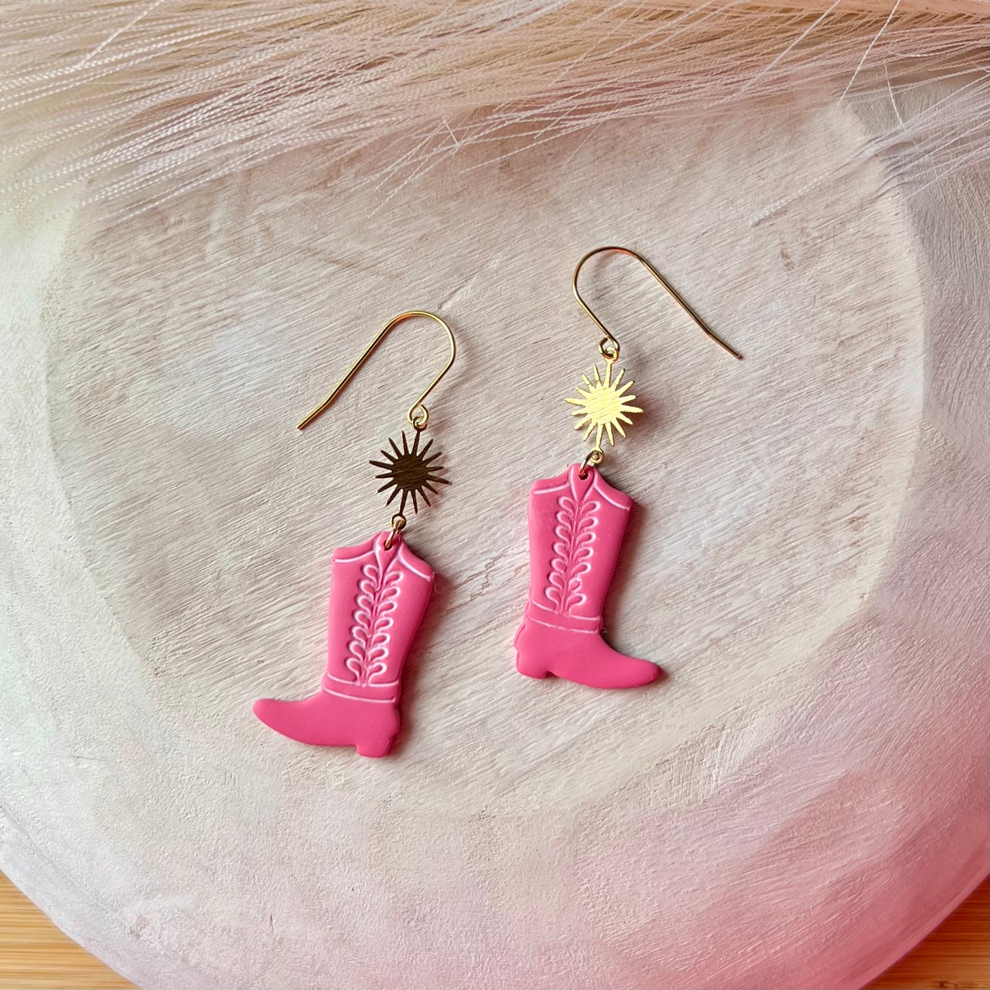 Pink & White Cowgirl Boots Clay Earrings