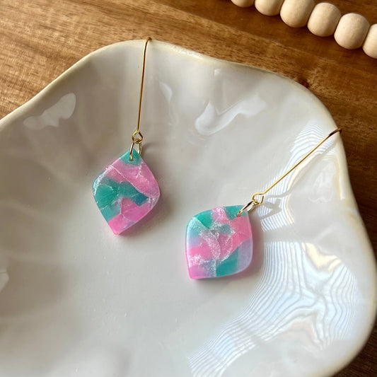 Teal & Pink Translucent Diamond Shape Polymer Clay Earrings