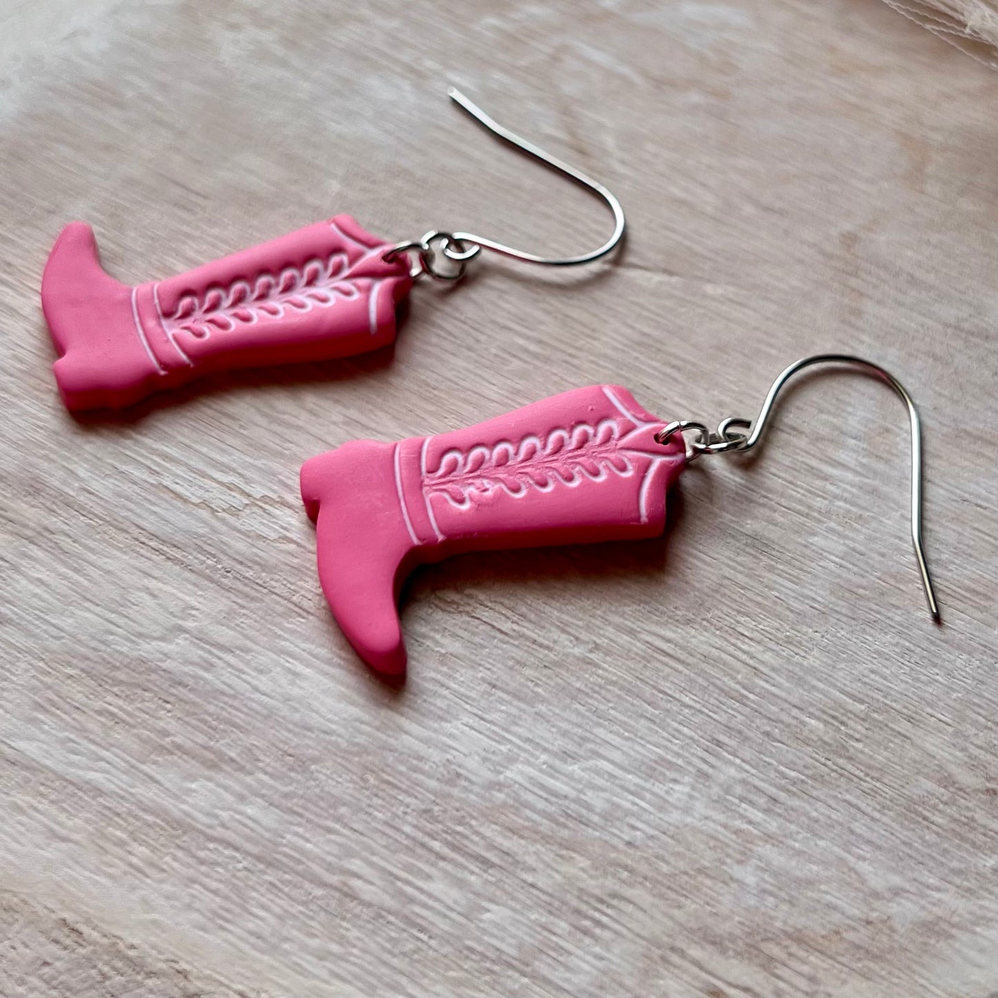 Pink & White Cowgirl Boots Clay Earrings