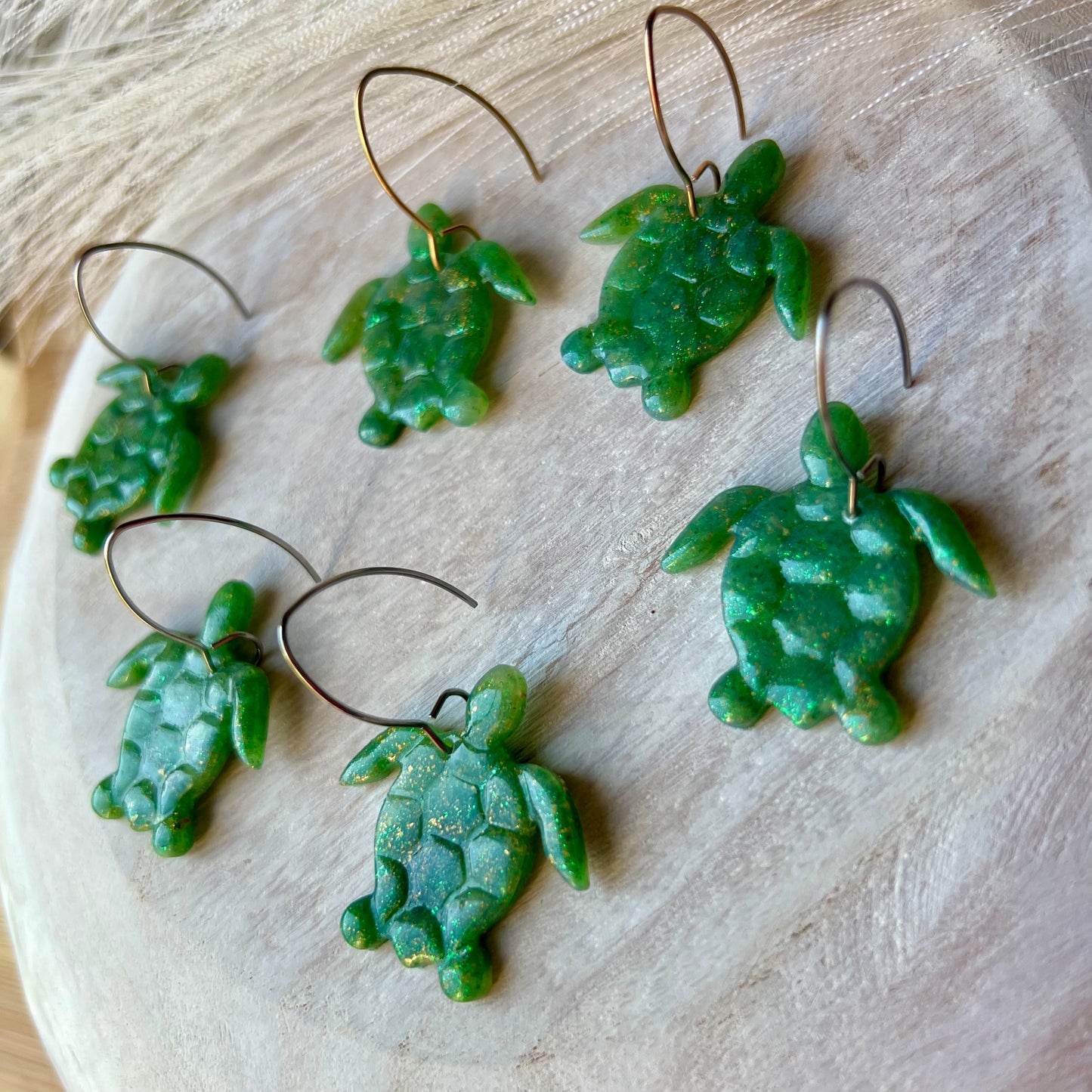 Green Marbled Translucent Sea Turtle Polymer Clay Earrings