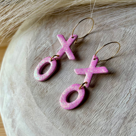 XOXO Pink Holographic Glitter Polymer Clay Hoop Earrings