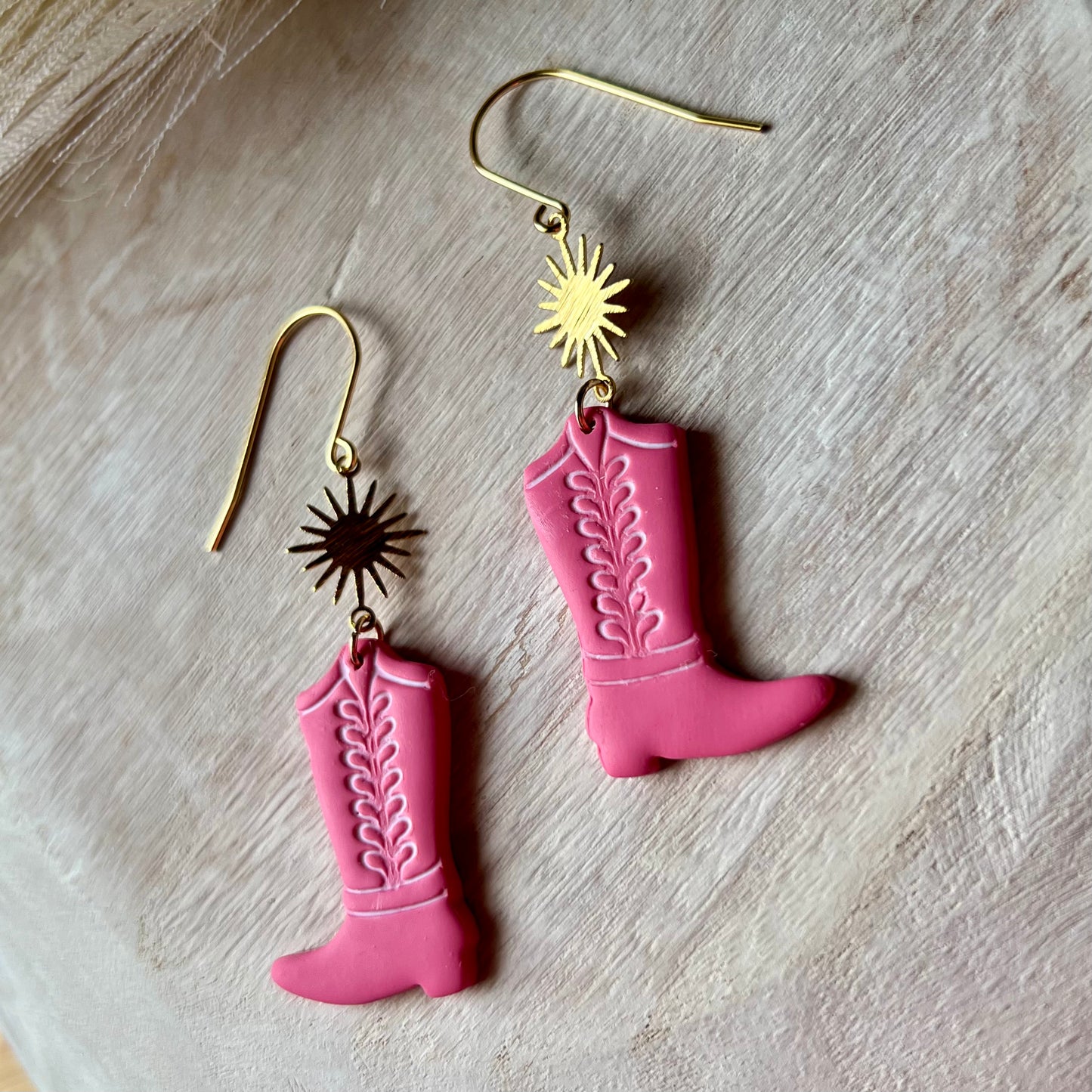 Pink & White Cowgirl Boots Clay Earrings