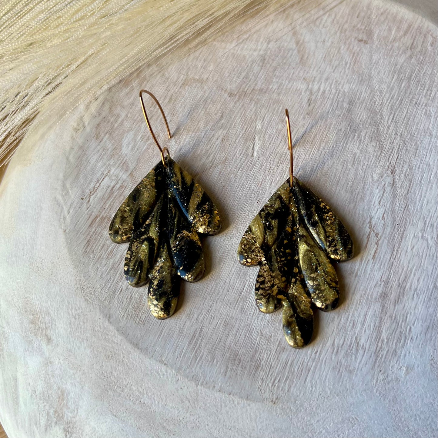 Black & Gold Leaf Polymer Clay Statement Earrings