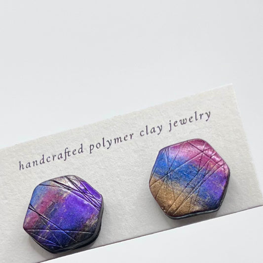 Labradite inspired Polymer Clay Stud Earrings - Hexagon