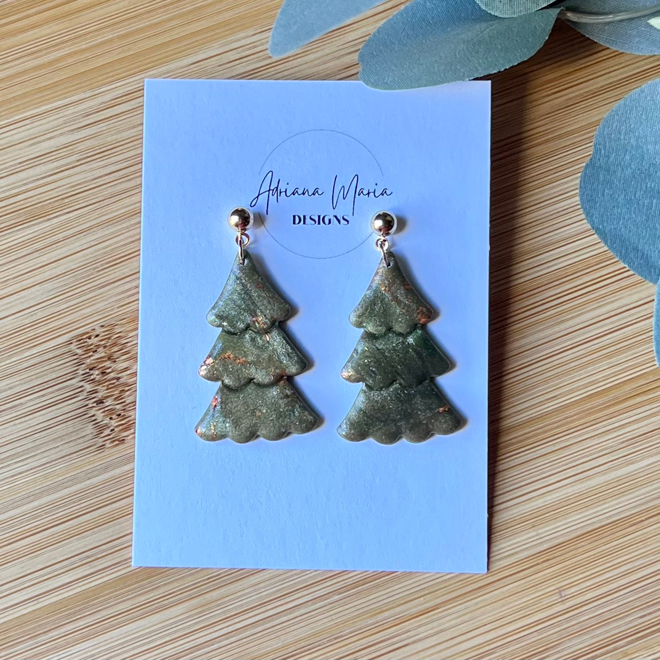 Green & Copper Marbled Christmas Tree Polymer Clay Earrings