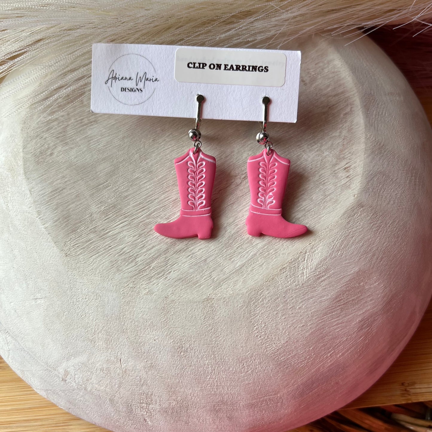 Pink & White Cowgirl Boots Clay Earrings