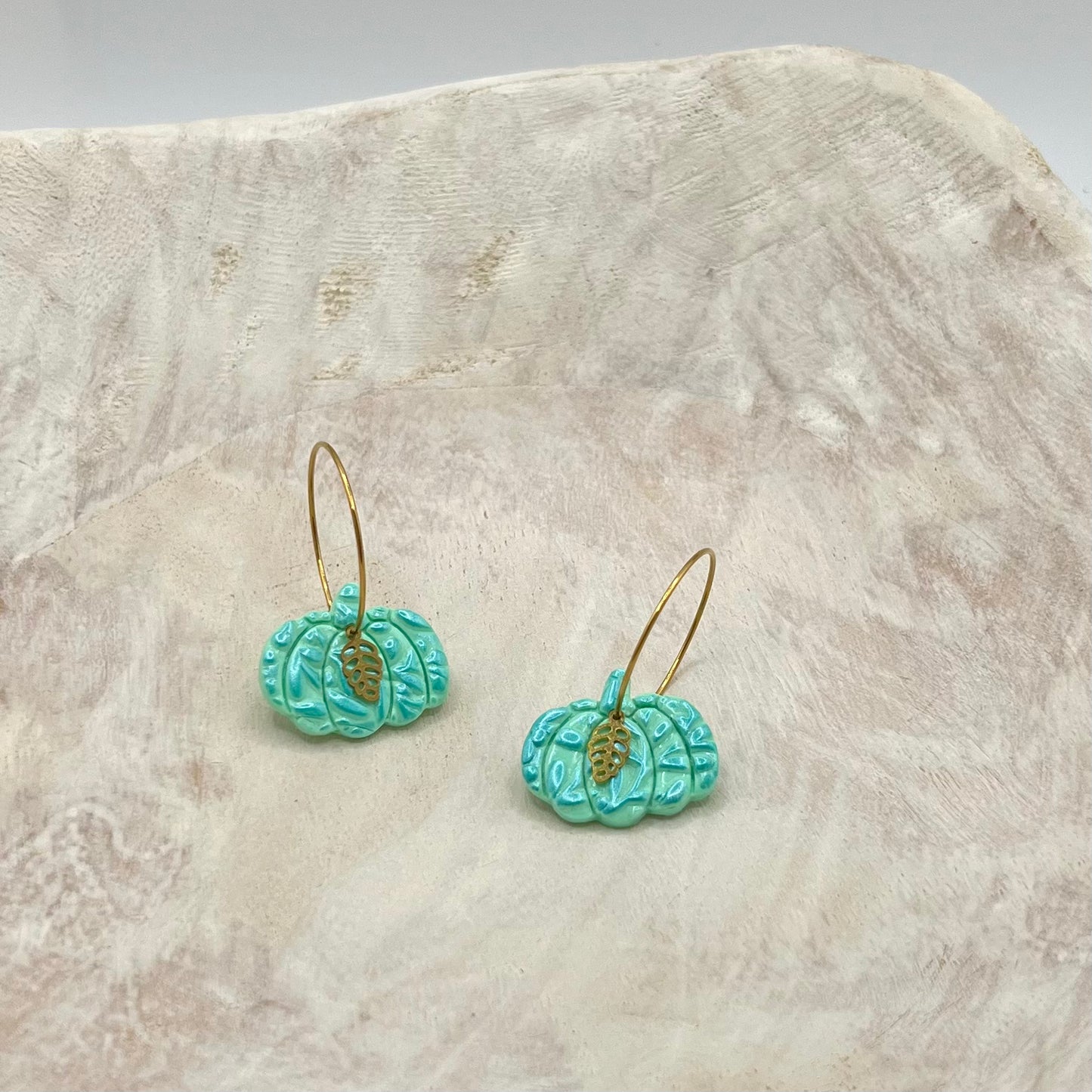 Mint Floral Embossed Pumpkin Polymer Clay Hoop Earrings