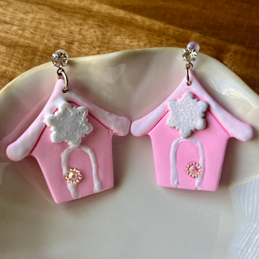 Pink Christmas Gingerbread House Polymer Clay Earrings