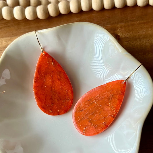 Red Marbled Teardrop Clay Earrings