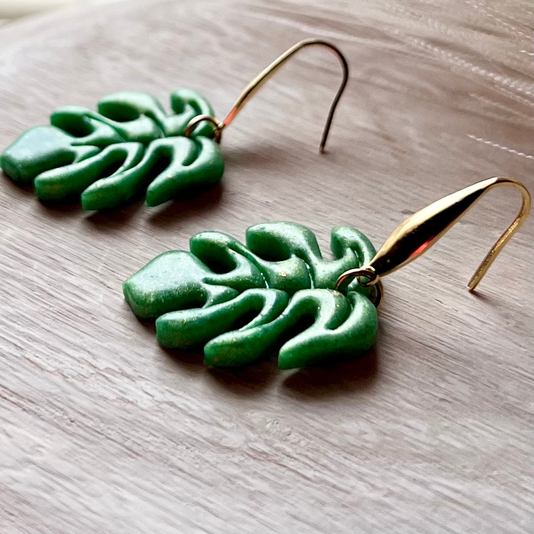 Shimmery Green Monstera Leaf Polymer Clay Earrings