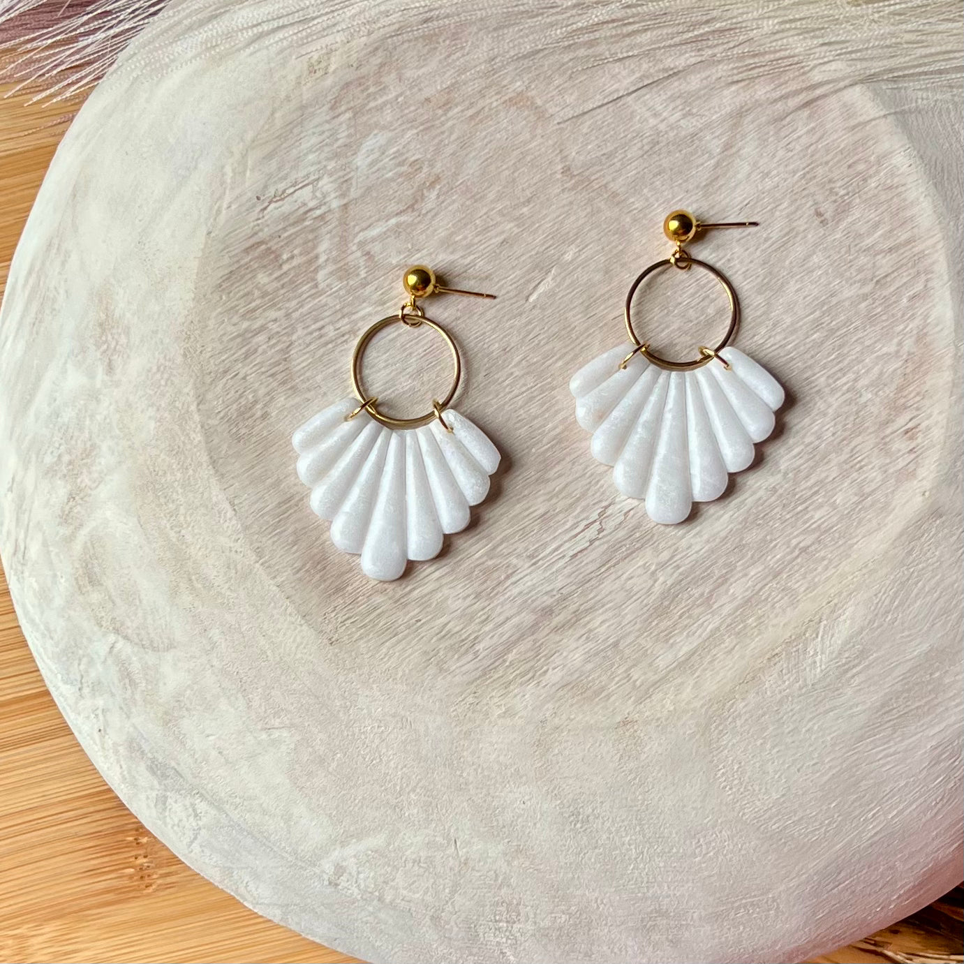 White & Translucent Scalloped Clay Earrings