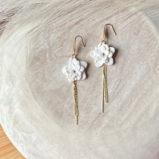 White Flower & Chain Polymer Clay Dangle Earrings