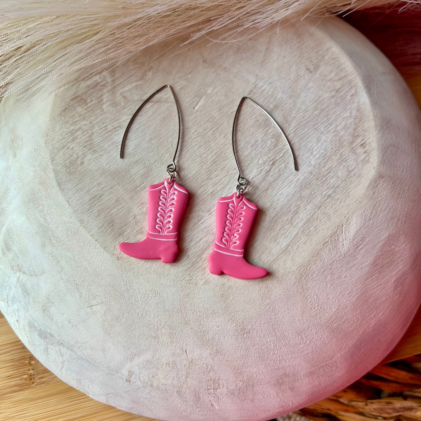 Pink & White Cowgirl Boots Clay Earrings