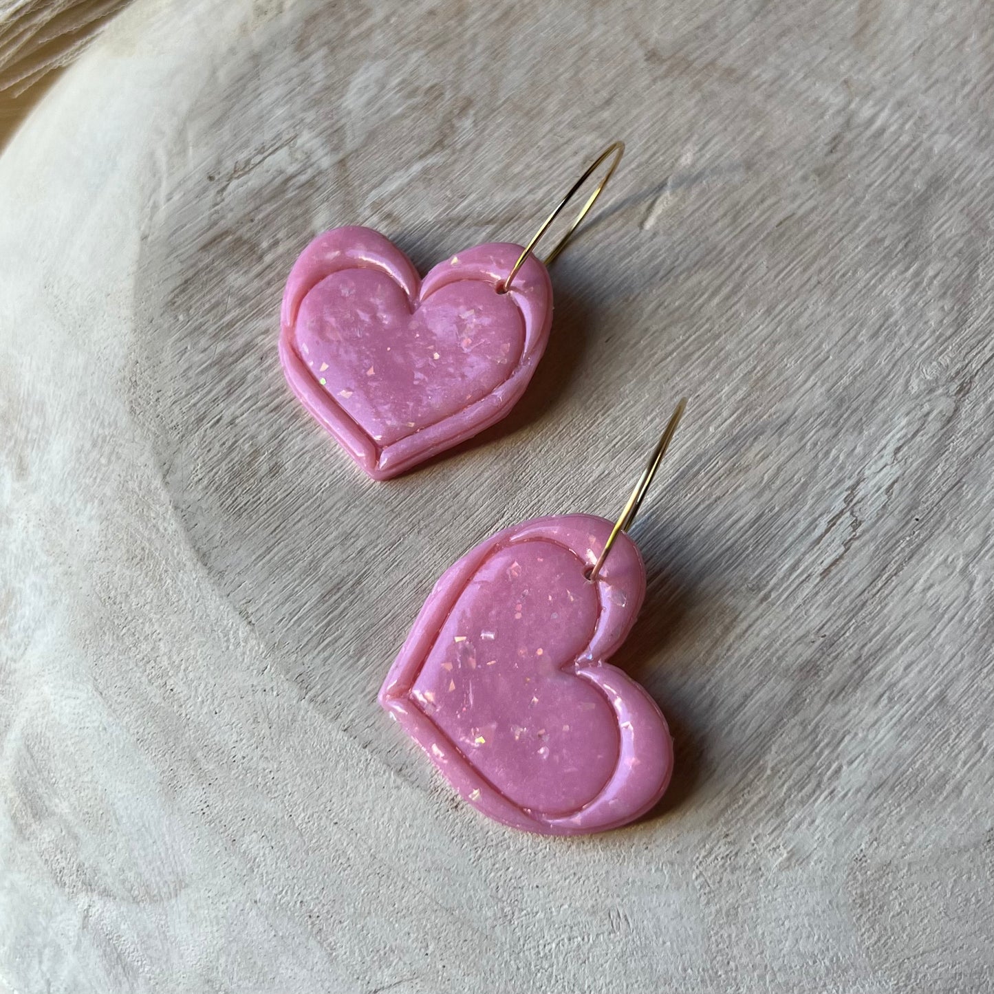 Pink Opal Inspired Heart Polymer Clay Hoop Earrings