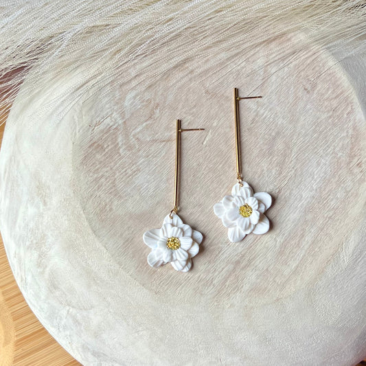 White Flower Drops Polymer Clay Earrings