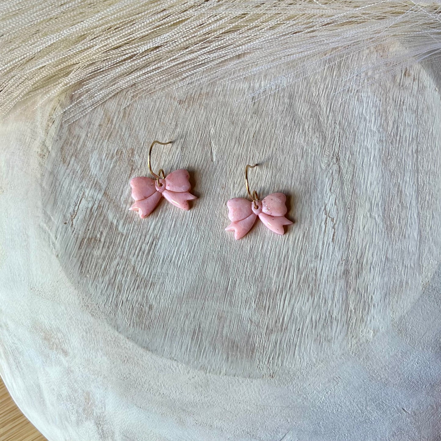 Soft Pink Marbled Bow Polymer Clay Stud Earrings