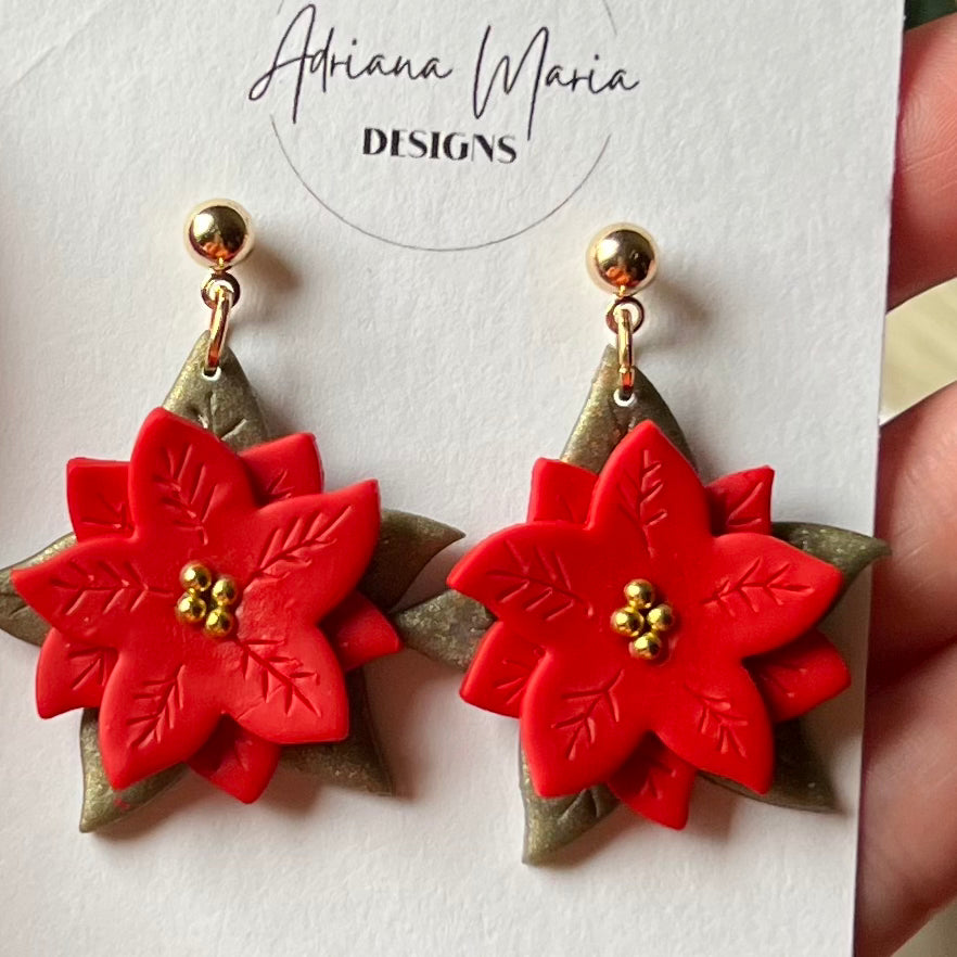 Red Poinsettia Polymer Clay Earrings