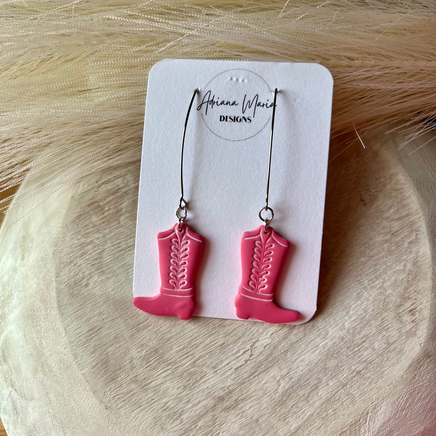 Pink & White Cowgirl Boots Clay Earrings