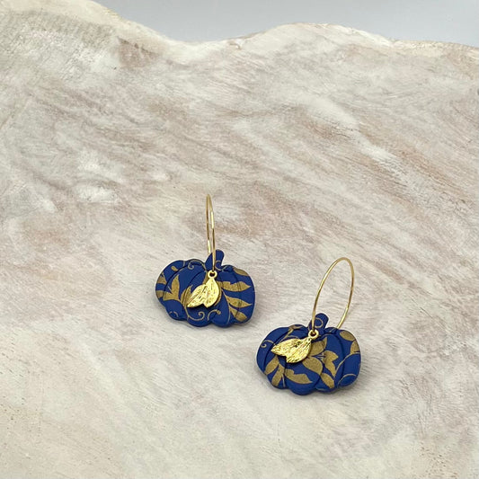 Navy Blue & Gold Floral Pumpkin Clay Hoop Earrings