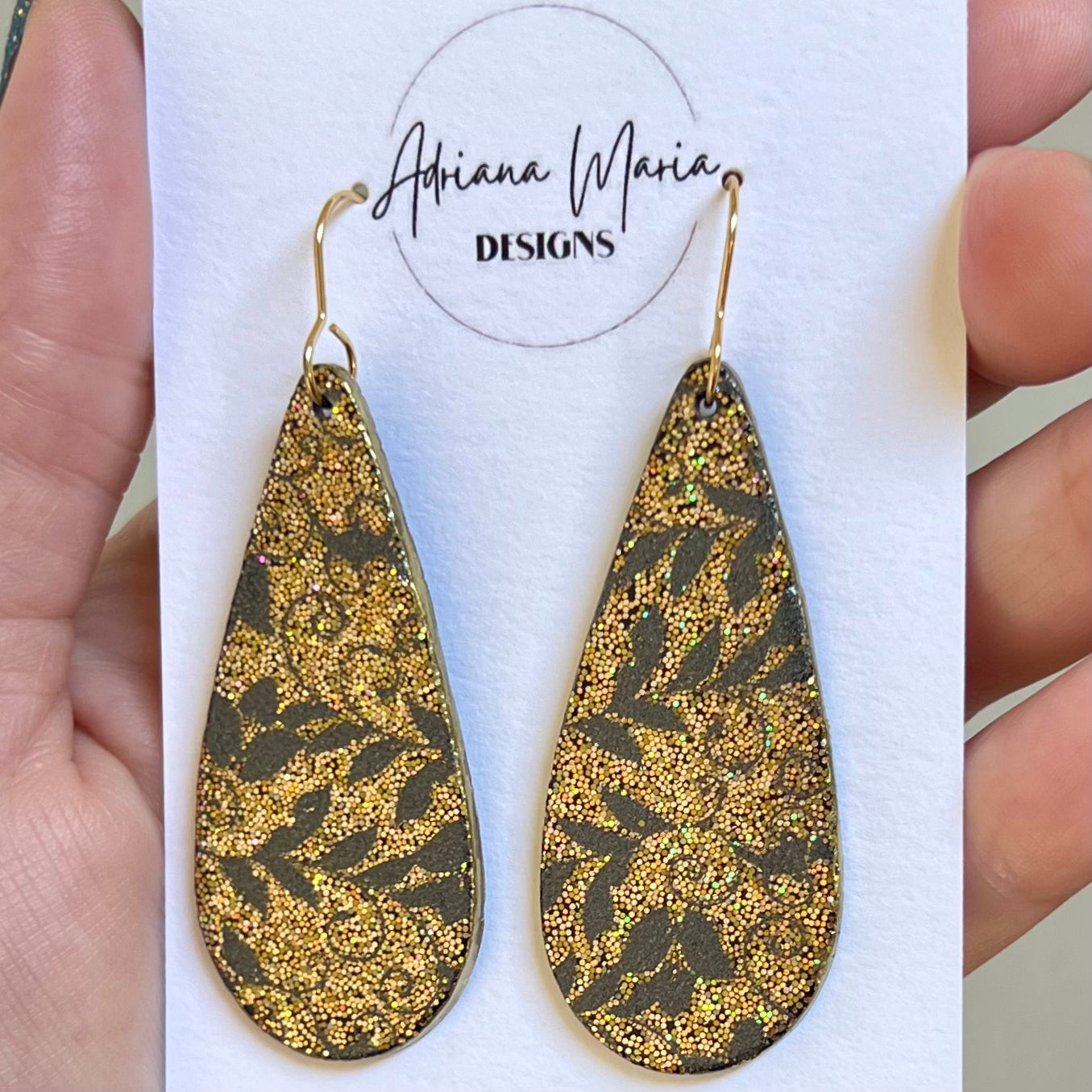 Black & Gold Glitter Floral Teardrop Clay Earrings