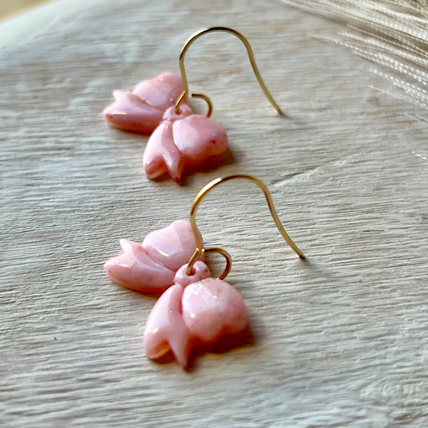 Soft Pink Marbled Bow Polymer Clay Stud Earrings