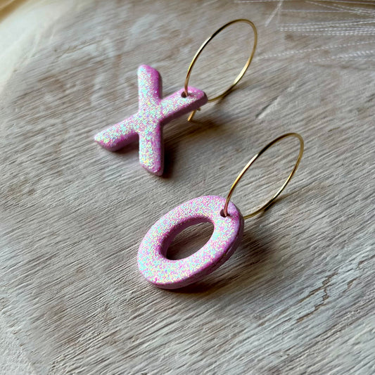 XO Pink Holographic Glitter Polymer Clay Hoop Earrings