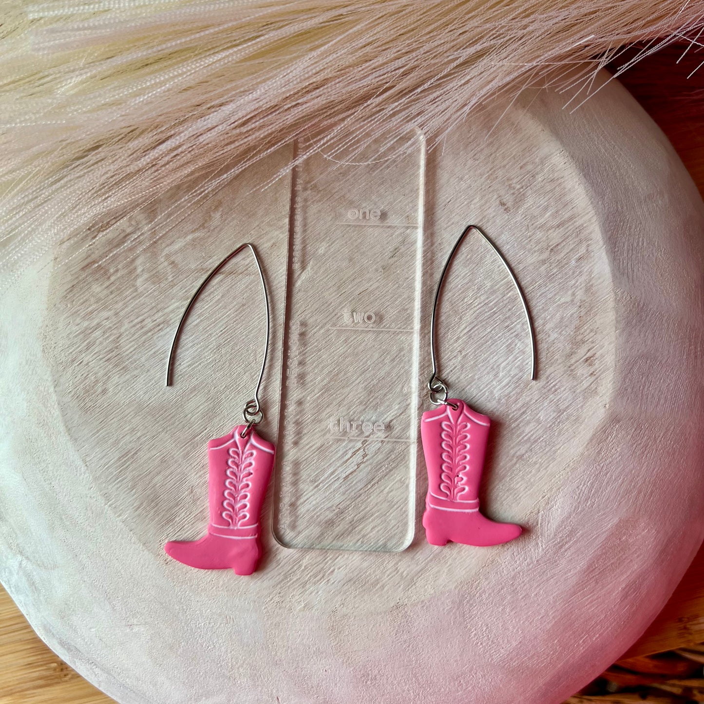 Pink & White Cowgirl Boots Clay Earrings