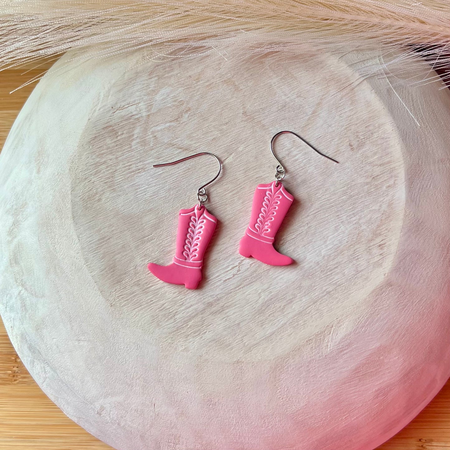 Pink & White Cowgirl Boots Clay Earrings