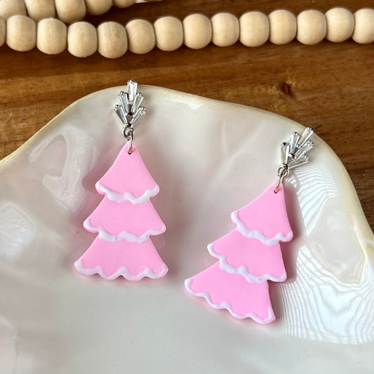 Pink Christmas Tree Polymer Clay Earrings