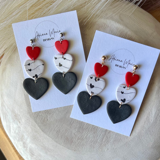 Red, White, and Black Triple Heart Polymer Clay Dangle Earrings