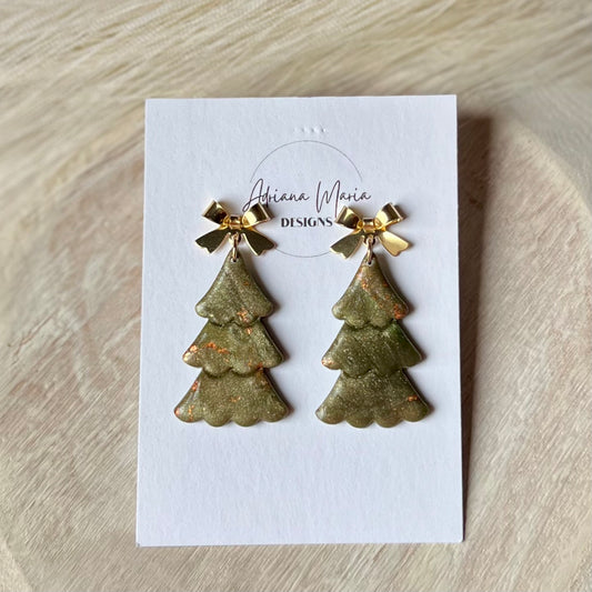 Green & Copper Marbled Christmas Tree Polymer Clay Earrings